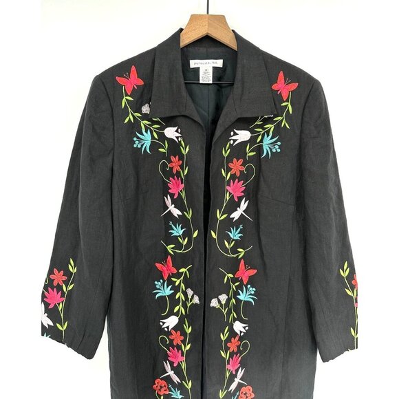 Pursuits linen Blazer Women 16 Black Floral Embroidered Long Sleeve Open Front - Picture 2 of 11
